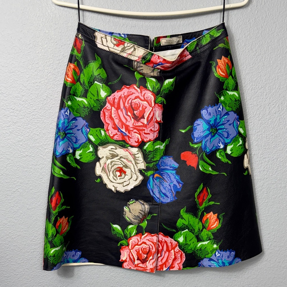 Nina Ricci Lambskin Leather A-Line Skirt with Bold Floral Print